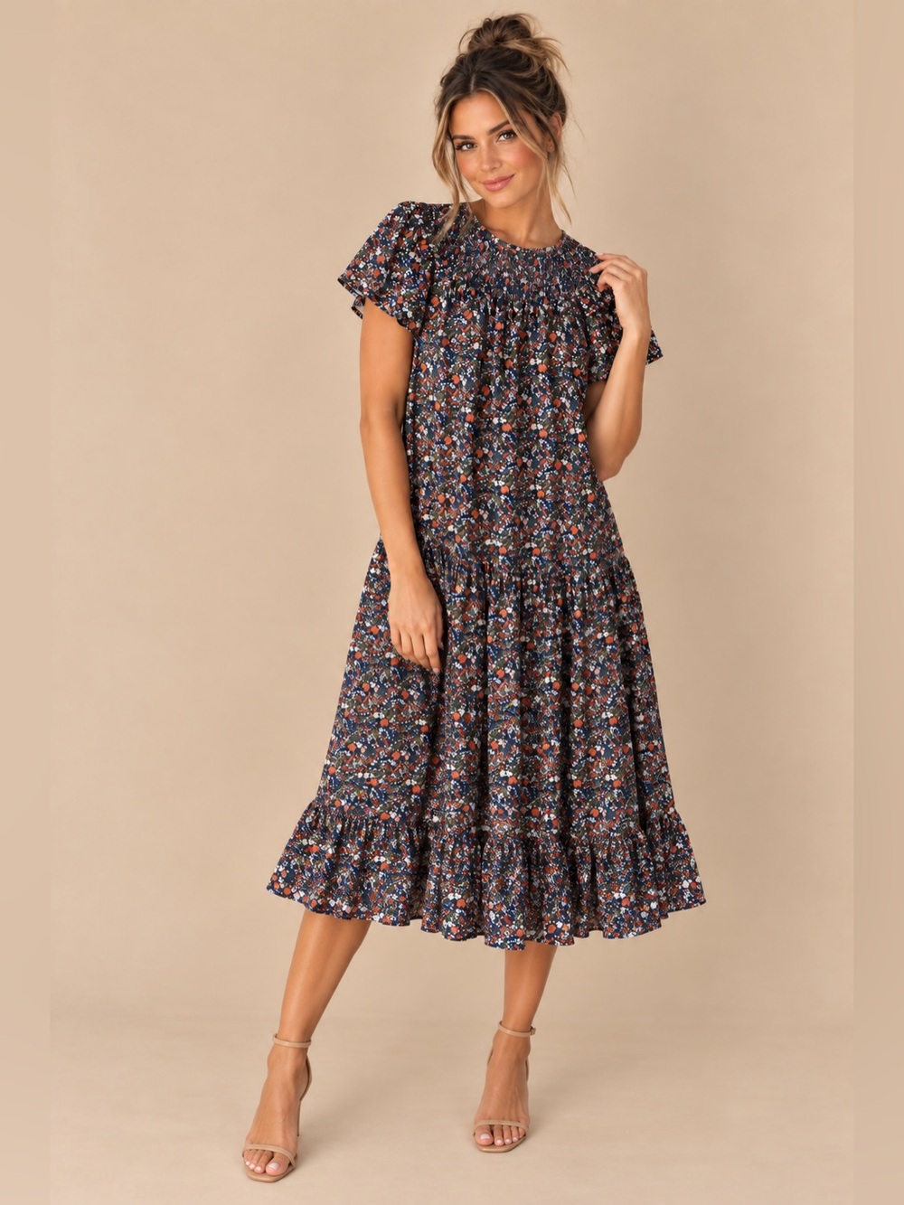 Boden Ditzy Floral Smocked Crewneck Short Sleeve Flowy Fall Midi Dress Petite 4